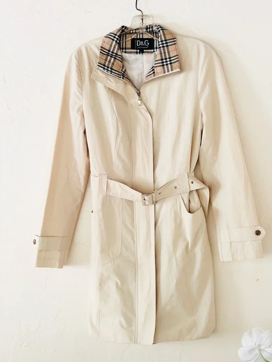 D&G Cream Lightweight Trench Coat Nova Check Lining Large - Picture 2 of 7